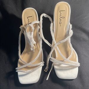 Lulu's White Pearl-Strap Square-Toe Heels